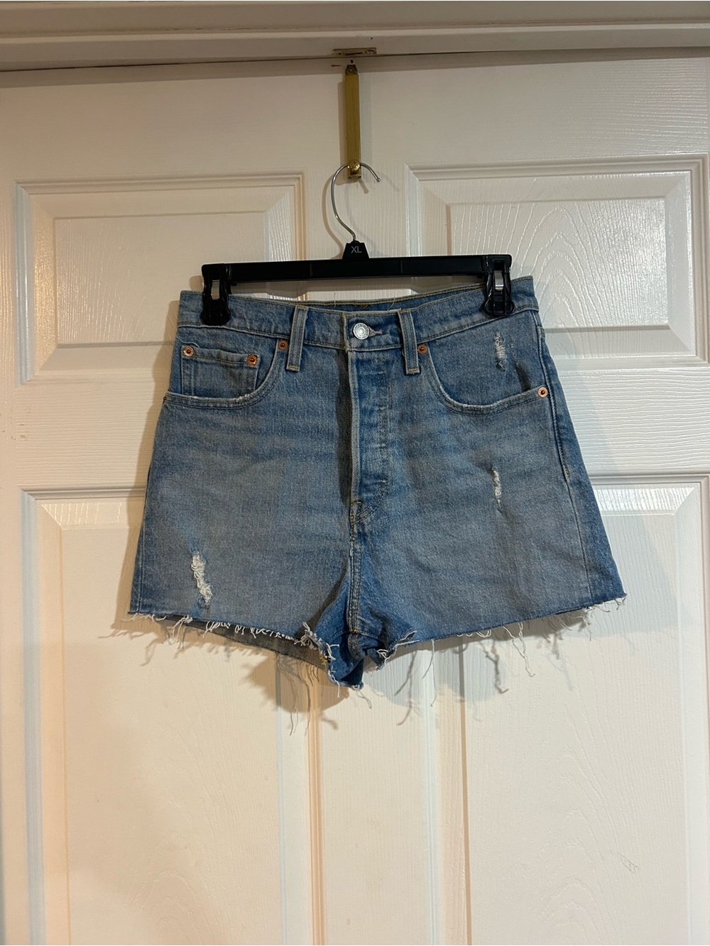 Levi’s Ribcage Medium Wash Distressed Jean Shorts